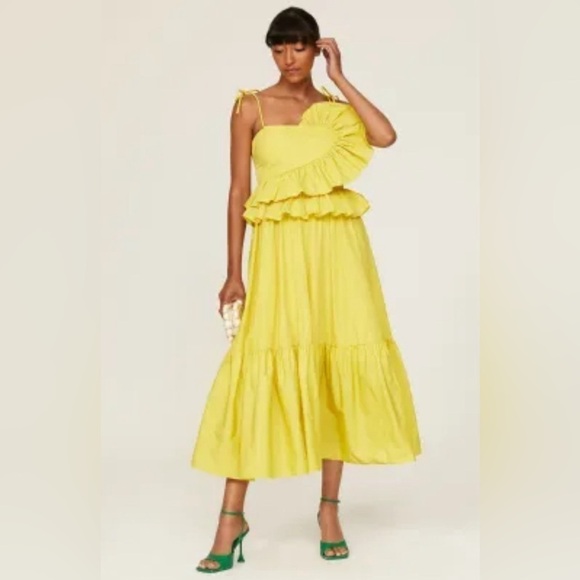 NWT Tanya Taylor Yellow Delphine Ruffle Detail Midi Dress sz 8